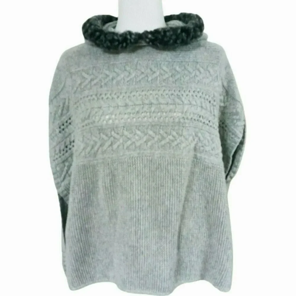 🥼👓Gap Kids XL Hoodie Poncho Cable Knit Heather Gray Faux Fur Trim Girls Winter